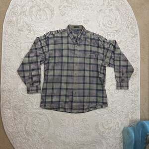 Vintage Luettgen Green Blue Cream Plaid Long Sleeve‎ Button Shirt Men's X L